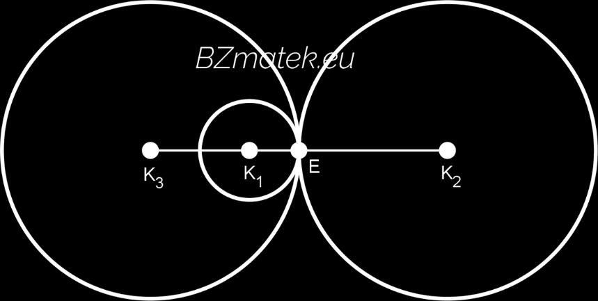 Tekintsük először azt az esetet, amikor az adott kör a keresett körön kívül helyezkedik el. Ekkor az E érintési pont a K 1 K 2 szakasz K 1 hez közelebbi negyedelőpontja: K 2 ( 12; 16).