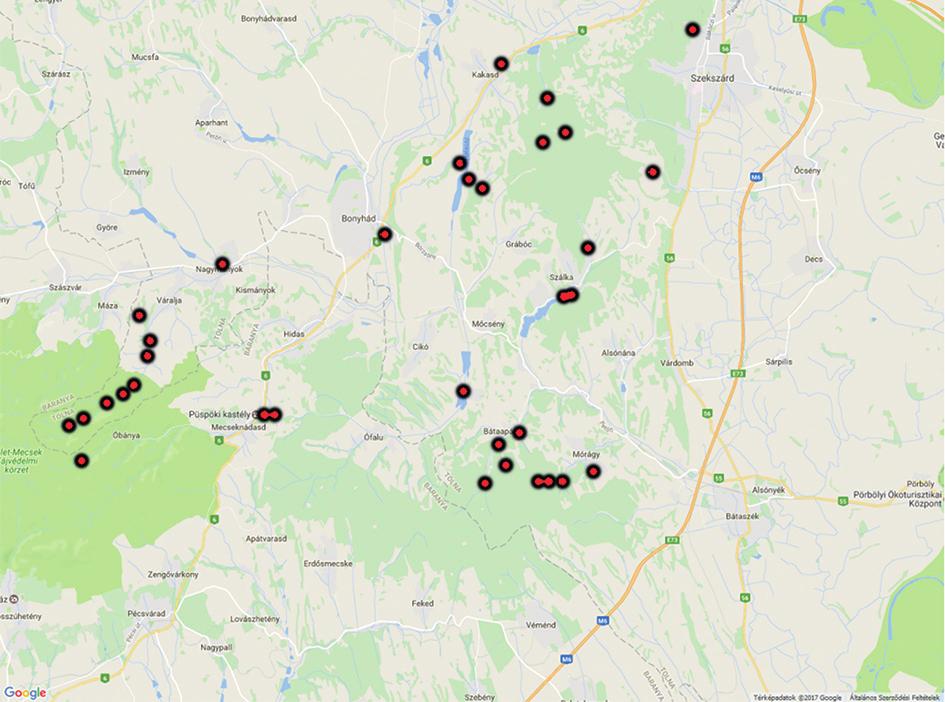 194 Natura Somogyiensis 1. ábra: A mintavételi terület áttekintő térképe a mintavételi pontokkal (Péntek et al.