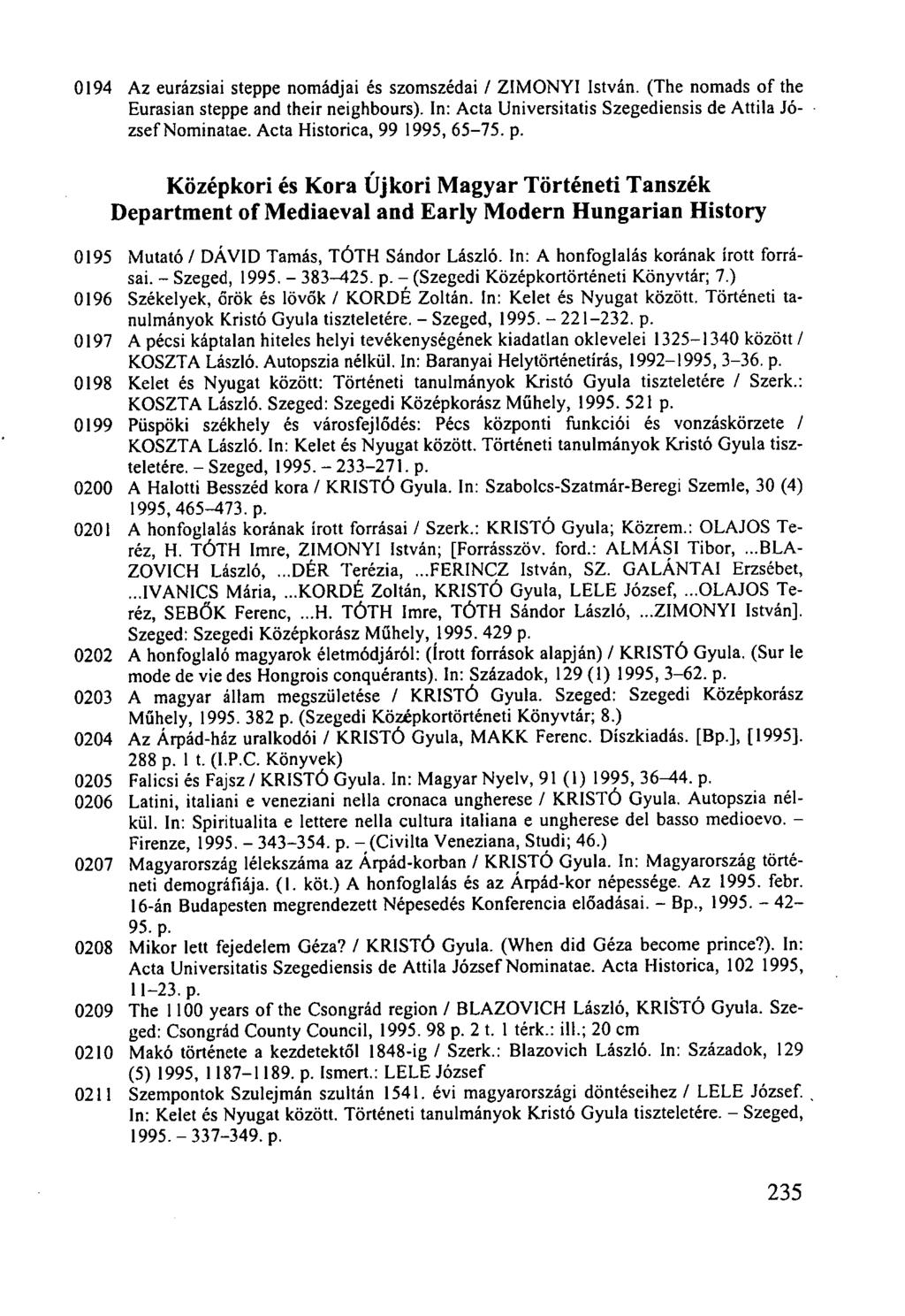 0194 Az eurázsiai steppe nomádjai és szomszédai / ZIMONYI István. (The nomads of the Eurasian steppe and their neighbours). In: Acta Universitatis Szegediensis de Attila József Nominatae.