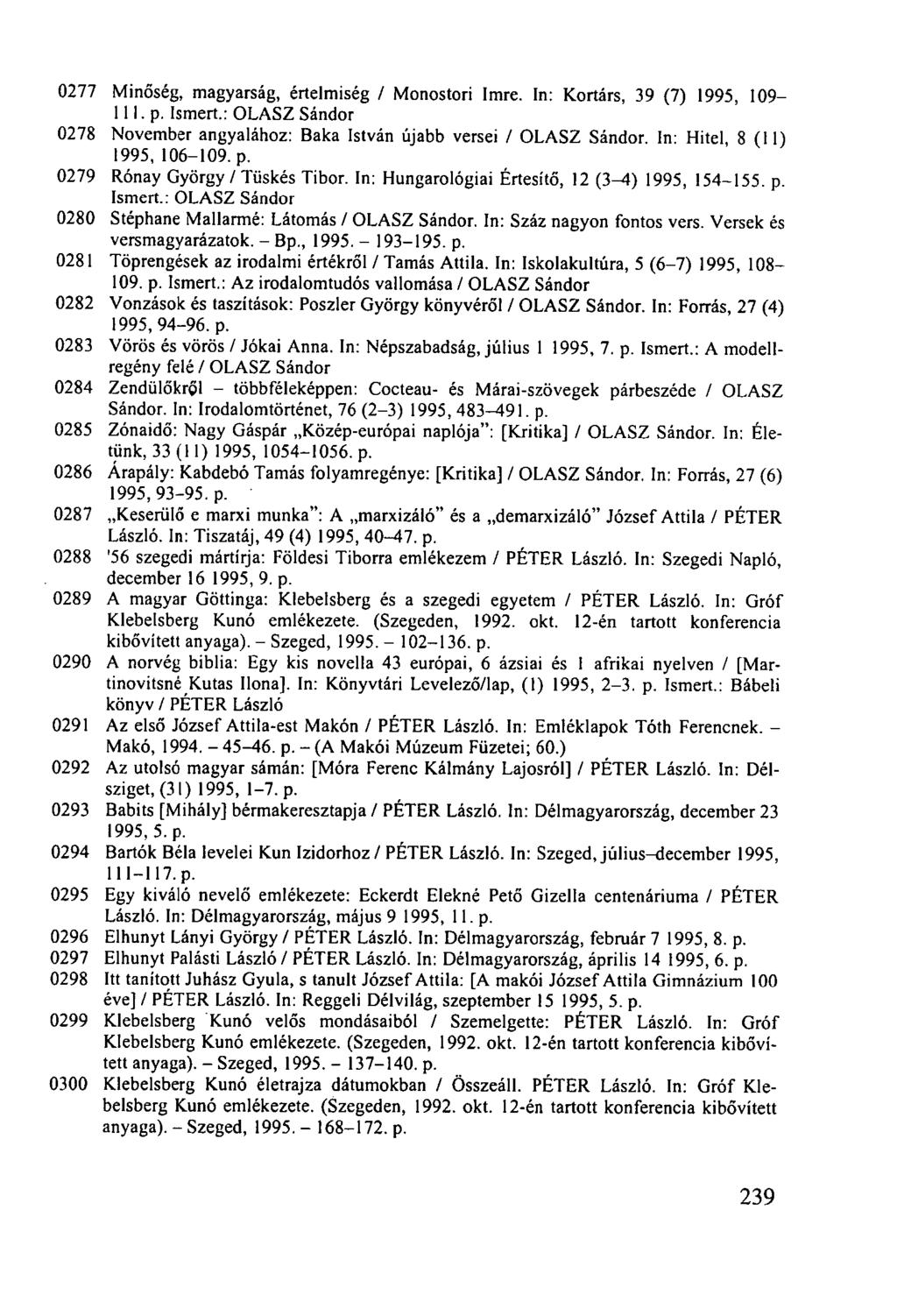0277 Minőség, magyarság, értelmiség / Monostori Imre. In: Kortárs, 39 (7) 1995, 109-111. p. Ismert.: OLASZ Sándor 0278 November angyalához: Baka István újabb versei / OLASZ Sándor.