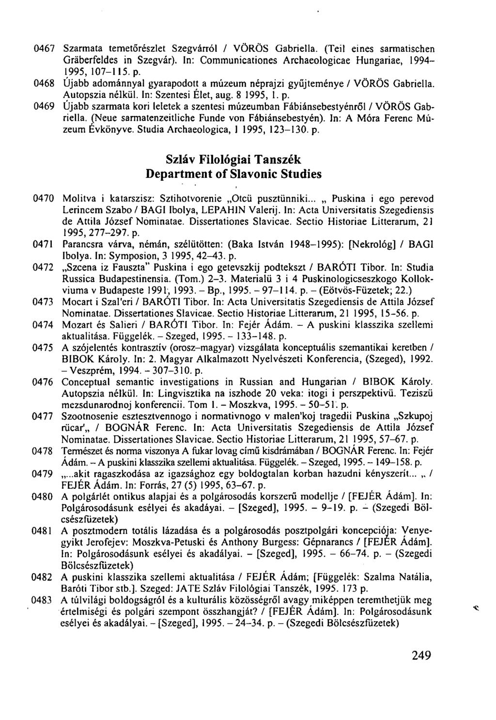 0467 Szarmata temetőrészlet Szegvárról / VÖRÖS Gabriella. (Teil eines sarmatischen Graberfeldes in Szegvár). In: Communicationes Archaeologicae Hungáriáé, 1994 1995, 107-115. p.