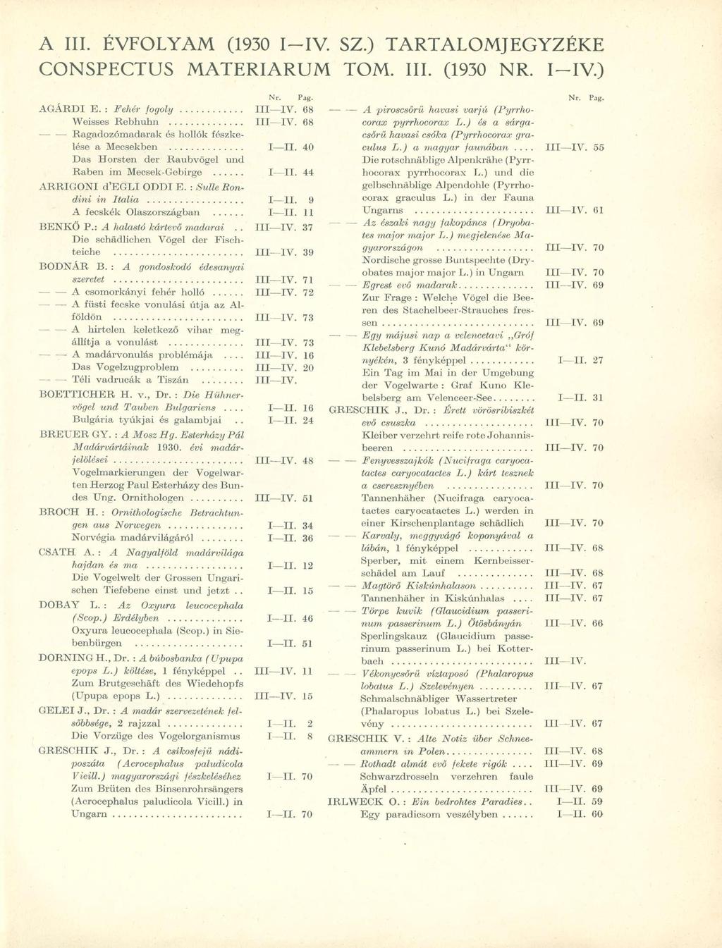 A III. ÉVFOLYAM (1930 I-IV. SZ.) TARTALOMJEGYZÉKE CONSPECTUS MATERIARUM TOM. III. (1930 NR. I-IV.) Nr. Pag. AGÁRDI E. : Fehér fogoly III IV. 68 Weisses Rebhuhn III IV.