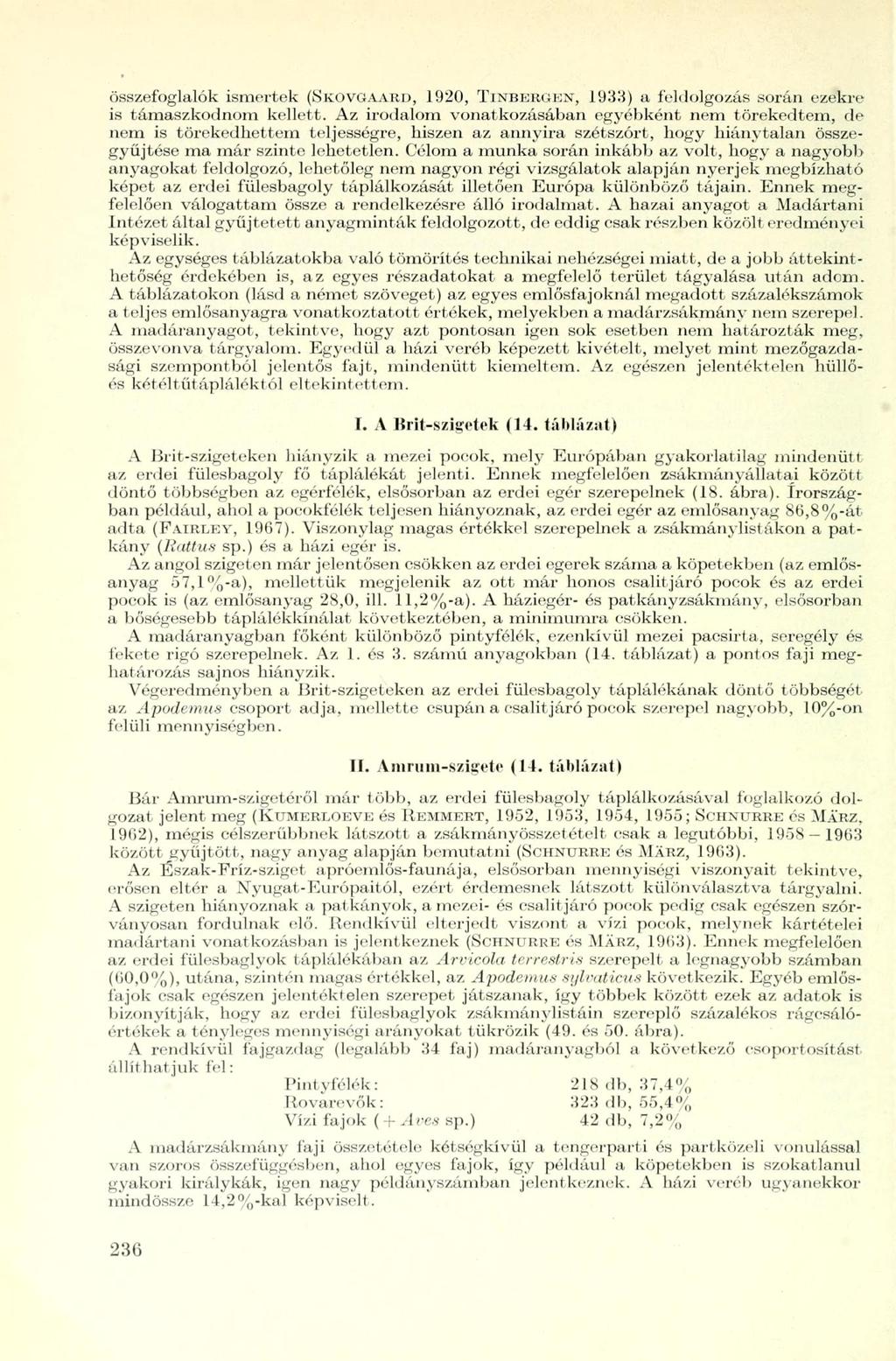 összefoglalók ismertek (SKOVGAARD, 1920, TINBERGEN, 19311) a feldolgozás során ezekre is támaszkodnom kellett.