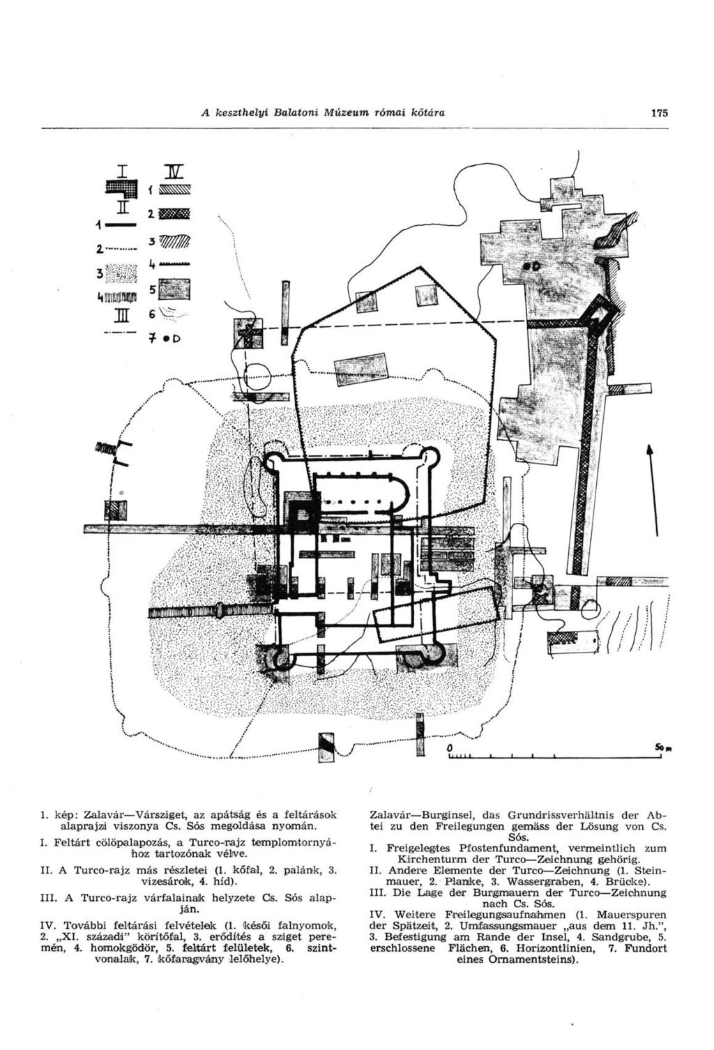 A keszthelyi Balatoni Múzeum római kőtára 175 1. kép: Zala vár Vársziget, az apátság és a feltárások alaprajza viszonya Cs. Sós megoldása nyomán. 1. Feltárt cölöpalapozás, a Turco-rajz templomtornyához tartozónak vélve.