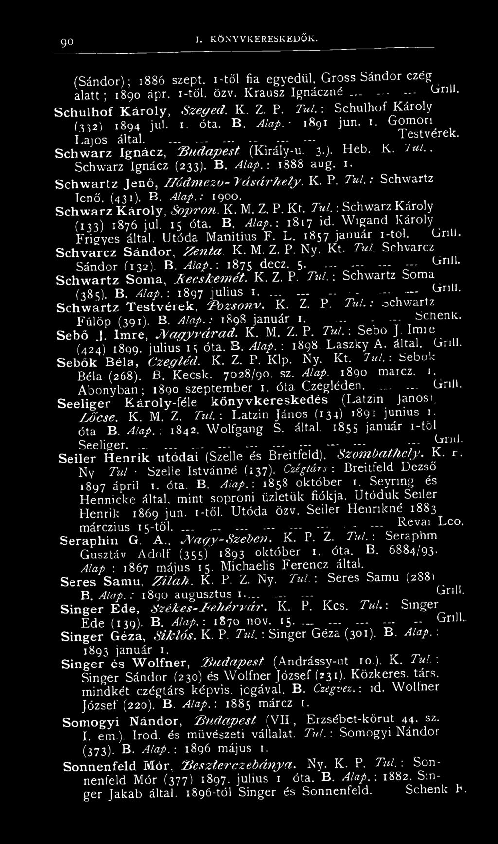 B. Alap.-. 1888 aug. 1. S ch w artz Jenő, Hádmezo- "Vásárhely. K. P. Túl.: Schwartz Tenő. (431). H. Alap.: 1900. S c h w a r z K á r o l y, Sopron. K. M. Z. P. Kt. Túl. : Schwarz Károly (133) 1876 jul.