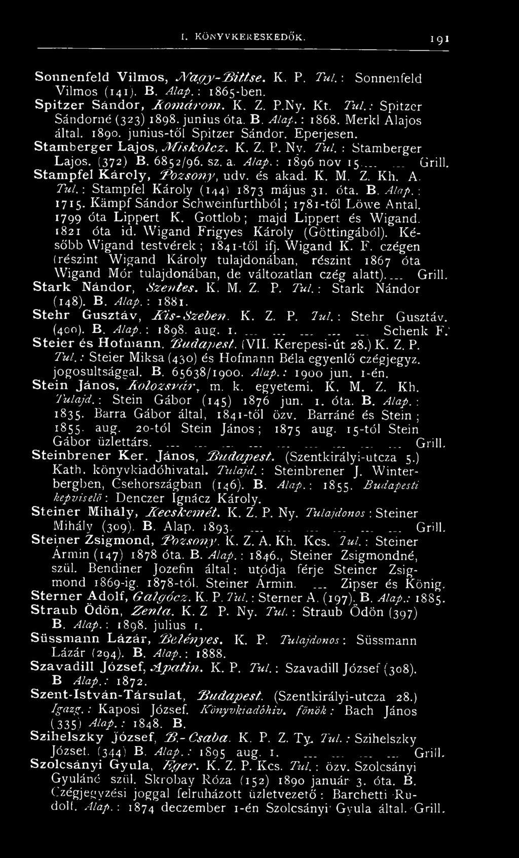 ..... Grill. Stam pfel K á ro ly, 'Pozsony, udv. és akad. K. M. Z. Kh. A. Túl. : Stampfel Károly (144) 1S73 május 31. óta. B.Alap.-. 1715. Kámpf Sándor Schweinfurthból; 1781-től Löwe Antal.