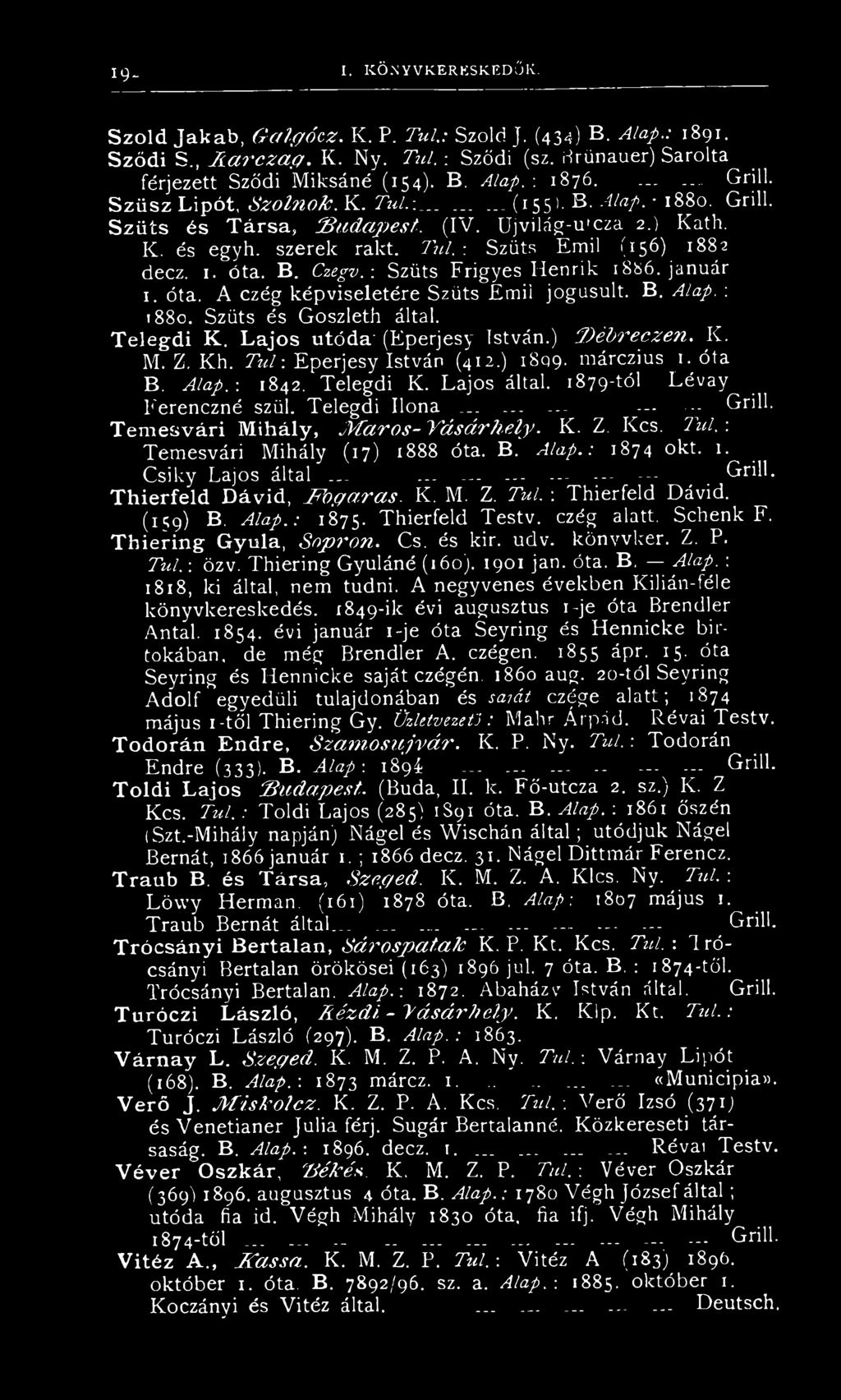 Ujvilág-u'cza 2.) Kath. K. és egyh. szerek rakt. Túl. : Szüts Emil (156) 1882 decz. 1. óta. B. Czegv. : Szüts Frigyes Henrik 1886. január 1. óta. A czég képviseletére Szüts Emii jogusult. B. Alap.