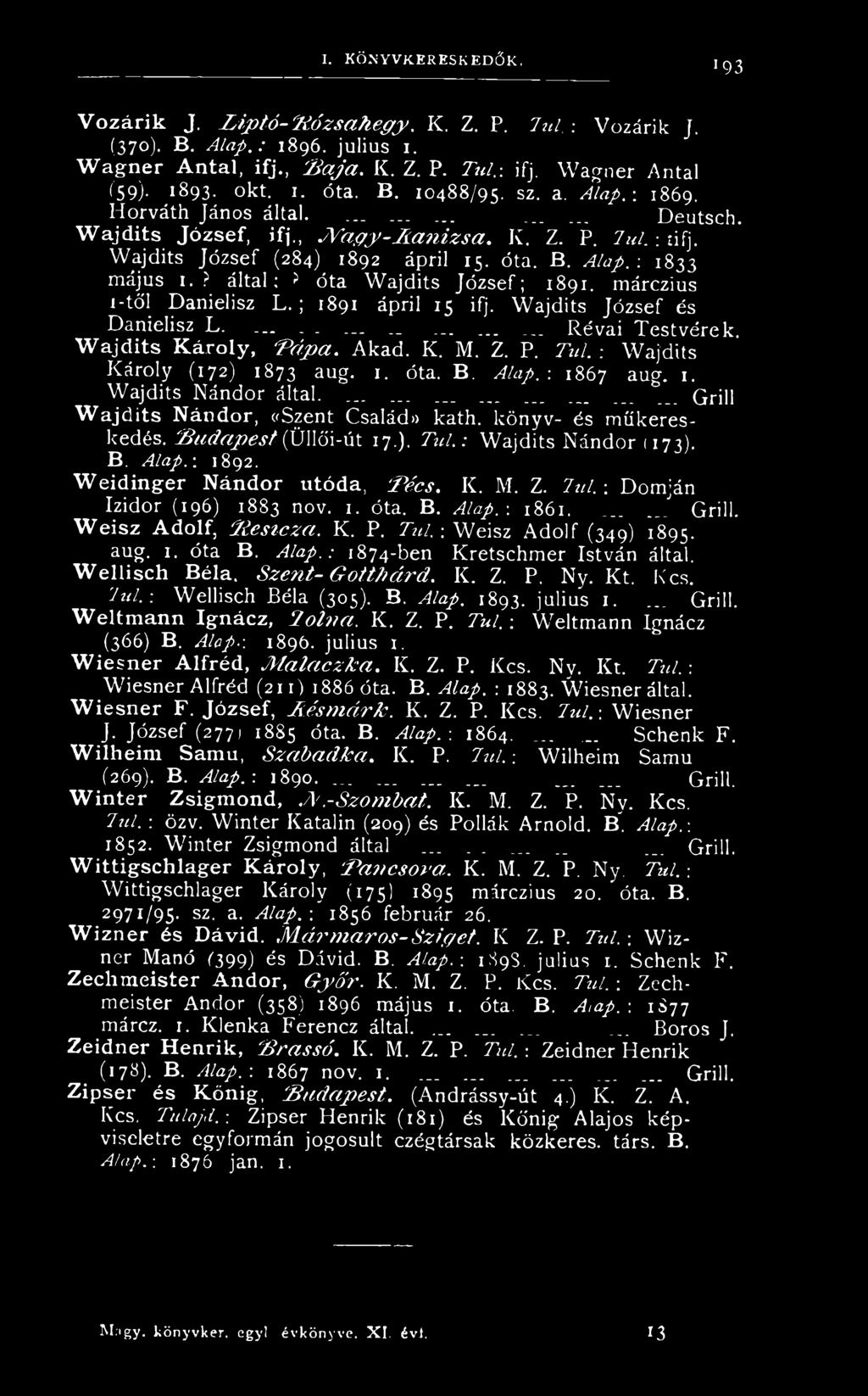 Wajdits József (284) 1892 ápril 15. óta. B. A la p. -. 1833 május 1.? által: > óta Wajdits József; 1891. márczius i-től Danielisz L. ; 1891 ápril 15 ifj. Wajdits József és Danielisz L.