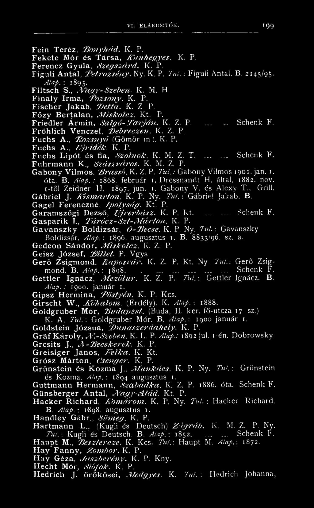 F ő z y B e rta la n, M i s k o l c z. Kt. P. F rie d le r Á rm in, S a l g ó - T a r j á n. K. Z. P.._. Schenk F. F rö h lich V en czel, S e h r e c z e n. K. Z. P. F u ch s A.