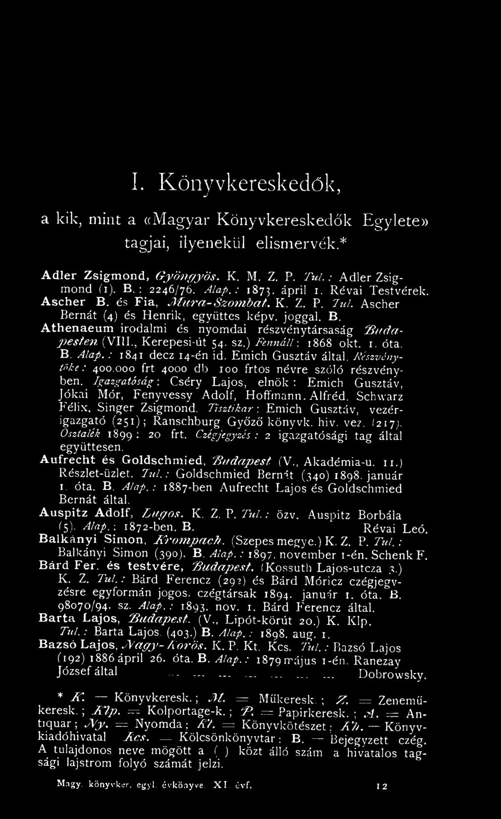 , K erepesi-út 54. sz.) F e n n á ll: 1868 okt. 1. óta. B. A la p.: 1841 decz 14-én id. Em ich G usztáv által. R észvénytőke: 400,000 frt 4000 db 100 frtos névre szóló részvén y ben. Igazgatóság -.