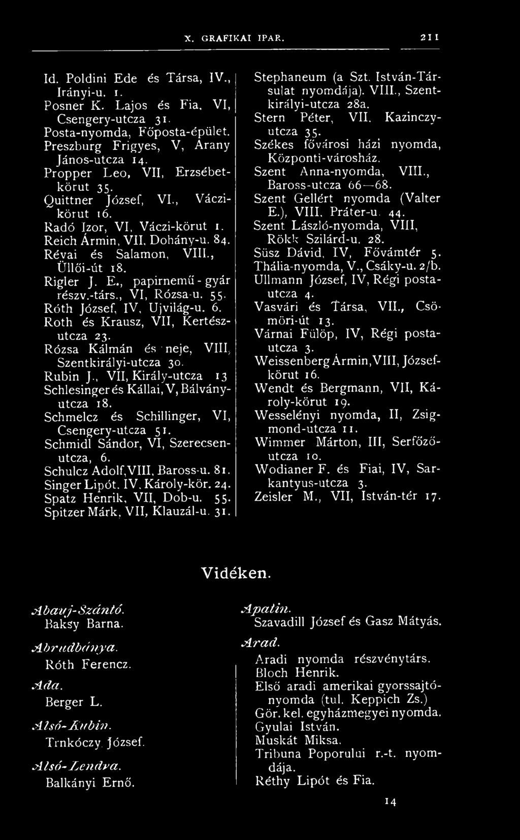 -társ., VI, Rózsam. 55. Róth József, IV, Ujvilág-u. 6. Roth és Krausz, VII, Kertészutcza 23. Rózsa Kálmán és neje, VIII, Szentkirályi-utcza 30. Rubin J.