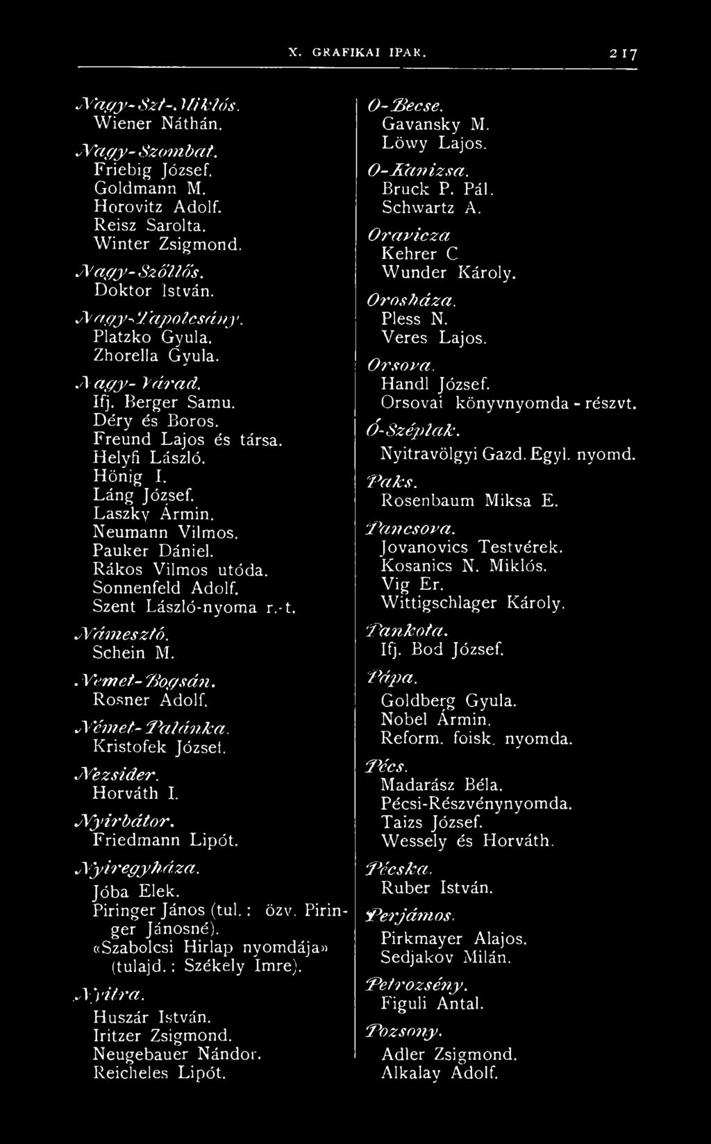 Neumann Vilmos. Pauker Dániel. Rákos Vilmos utóda. Sonnenfeld Adolf. Szent László-nyoma r.-t. N á m esztó. Schein M.. Vem et- P o g sá n. Rosner Adolf. N ém et- P a lá n k a. Kristofek József.