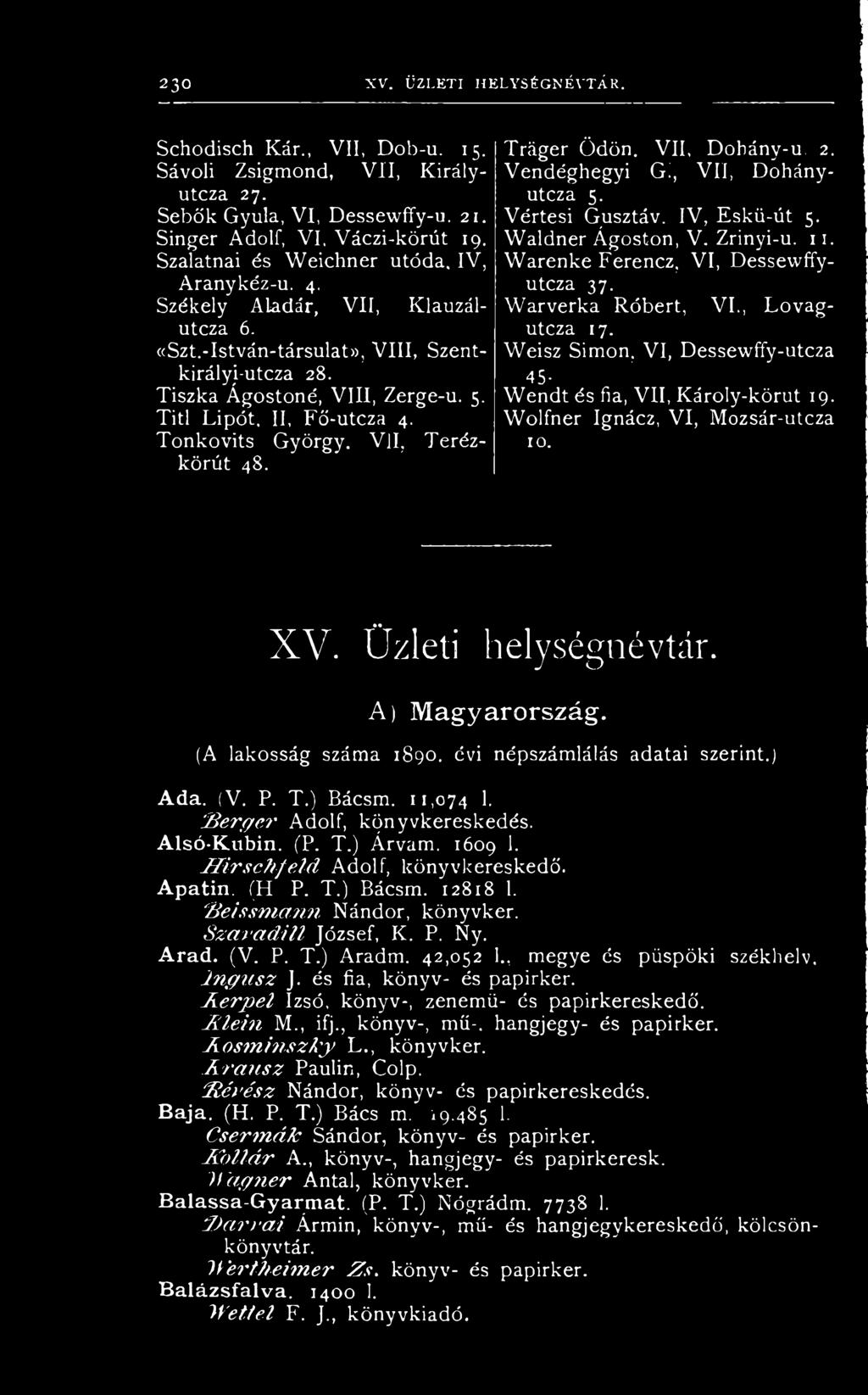 Tonkovits György, VII, Terézkörút 4S. Tráger Ödön. VII, Dohány-u. 2. Vendéghegyi Gi, VII, Dohányutcza 5. Vértesi Gusztáv. IV, Eskü-út 5. Waldner Ágoston, V. Zrinyi-u. 11.