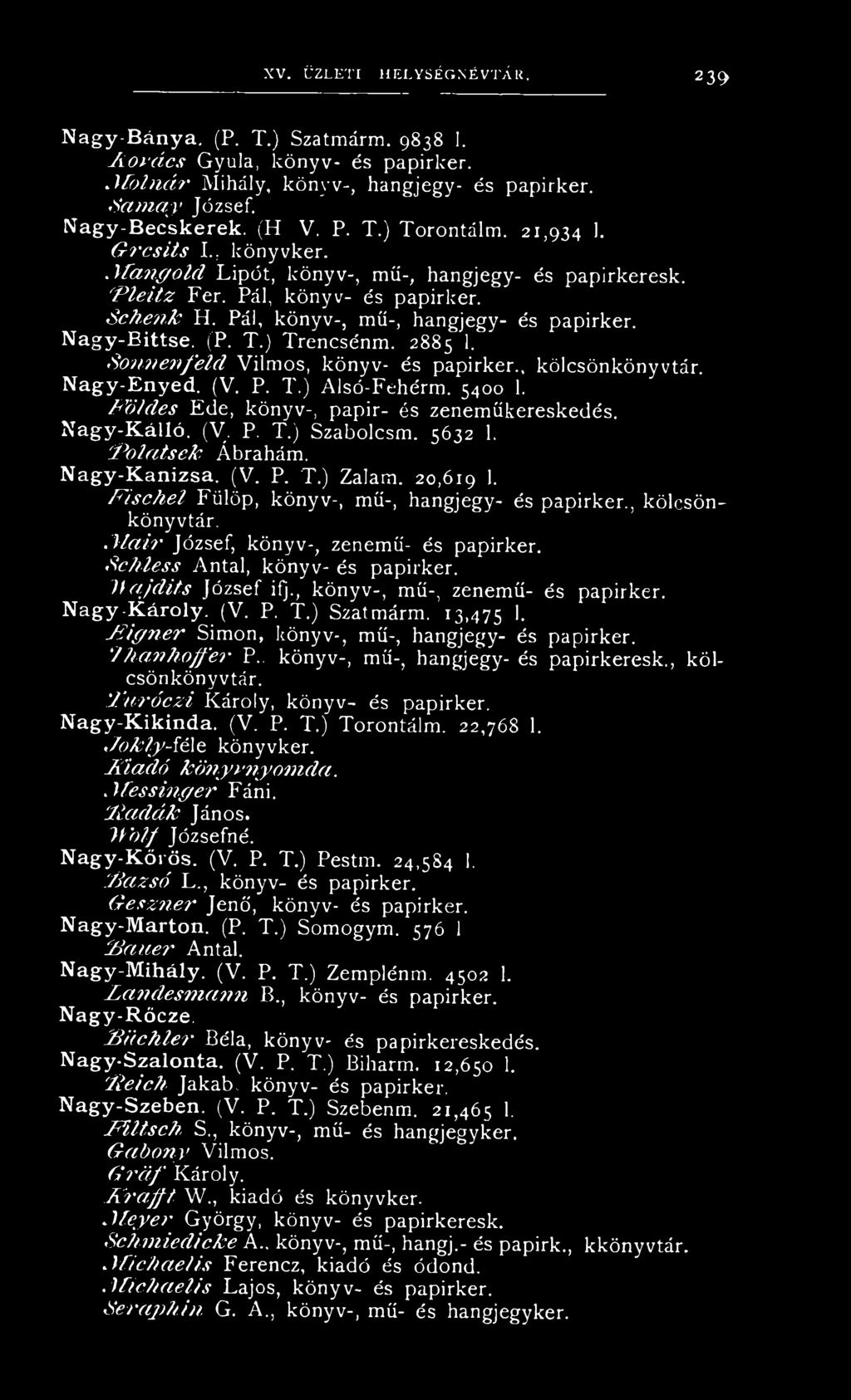 Pál, könyv-, mű-, hangjegy- és papirker. N agy-b ittse. (P. T.) Trencsénm. 2885 1. S on n en feld Vilmos, könyv- és papirker., kölcsönkönyvtár. N agy-e n yed. (V. P. T.) Alsó-Fehérm. 5400 1.