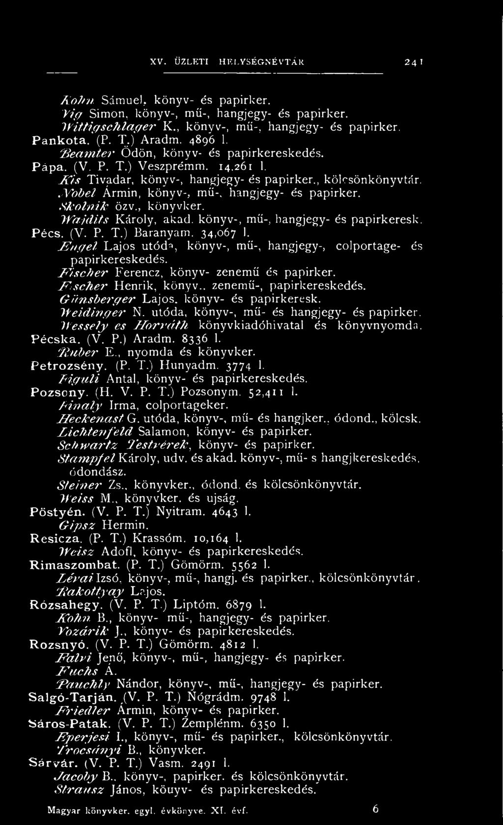 F i s Tivadar, könyv-, hangjegy- és papirker., kölcsönkönyvtár../ V o b e l Ármin, könyv-, mű-, hangjegy- és papirker. S k o l n i k özv., könyvker. J V a jd it s Károly, akad.