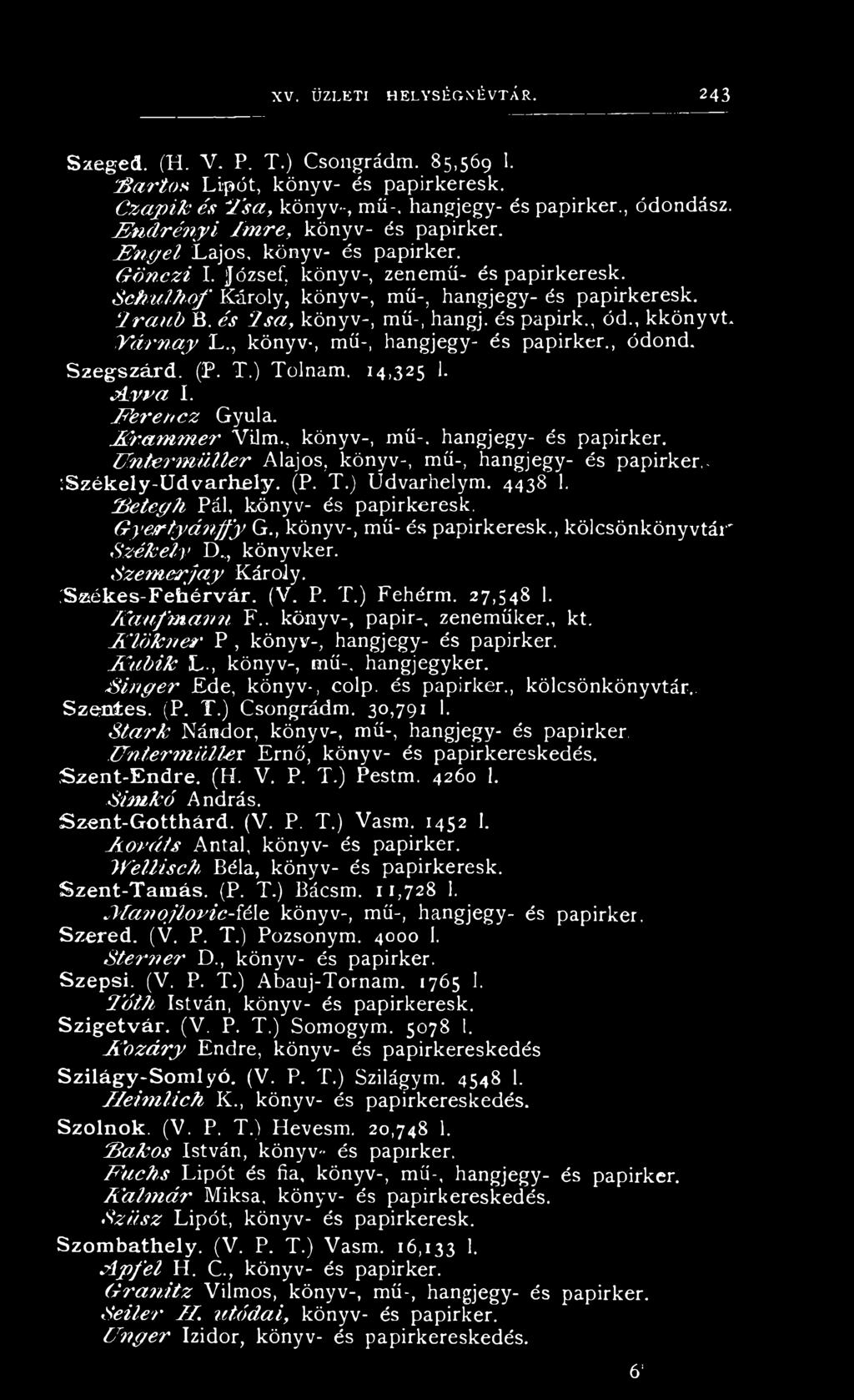 és 2 sa, könyv-, mű-, hangj. és papirk., ód., kkönyvt. T á rn a y L., könyv-, mű-, hangjegy- és papirker., ódond. S zeg szá rd. (P. T.) Tolnám. 14,325 1. A v r a I. F eren cz Gyula. jséram m er Vilm.