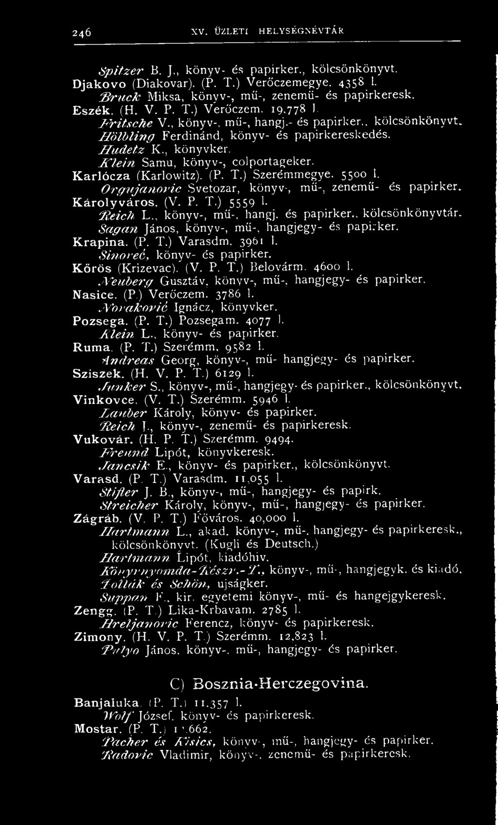 H ö lb lin g Ferdinánd, könyv- és papirkereskedés. H u d e t z K., könyvker. F l e i n Samu, könyv-, colportageker. K a r l ó c z a (Karlowitz). (P. T.) Szerémmegye. 5500 j.