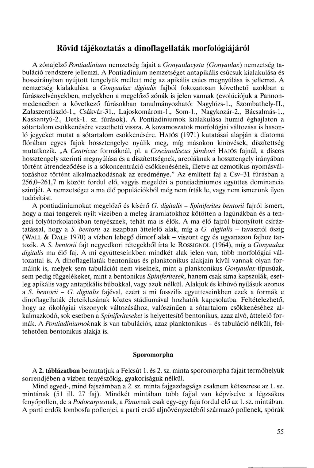 Rövid tájékoztatás a dinoflagellaták morfológiájáról A zónajelző Pontiadinium nemzetség fajait a Gonyaulacysta (Gonyaulax) nemzetség tabuláció rendszere jellemzi.