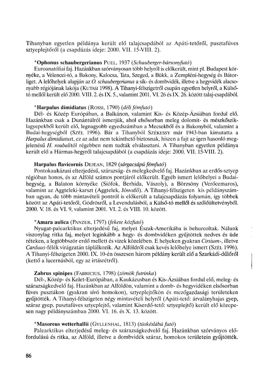 Tihanyban egyetlen példánya került elő talajcsapdából az Apáti-tetőről, pusztafüves sztyeplejtőről (a csapdázás ideje: 2000. VII. 15-VIII. 2).