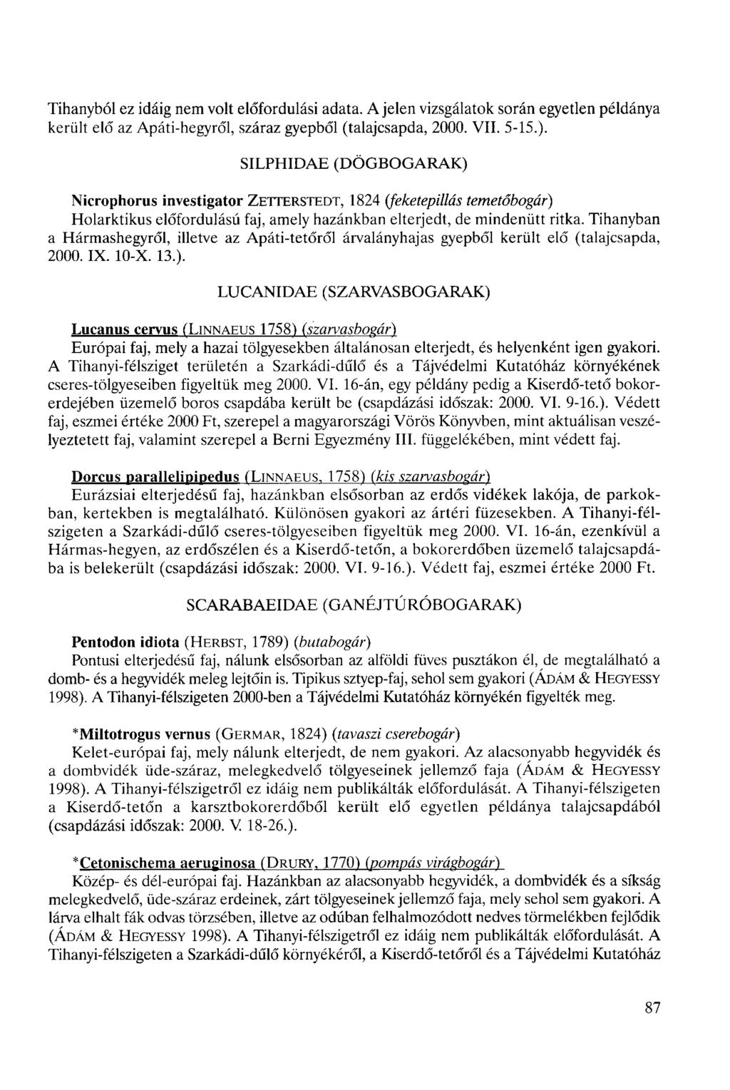 Tihanybol ez idáig nem volt előfordulási adata. A jelen vizsgálatok során egyetlen példánya került elő az Apáti-hegyről, száraz gyepből (talajcsapda, 2000. VII. 5-15.).