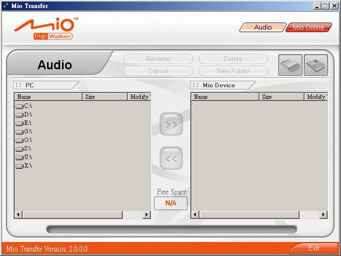 Az alábbi eszközök közül választhat: Audio Audiofájlokat továbbíthat készülékéről a számítógépre. (További részleteket erről a 4.3 fejezetben talál.) Mio Online Hivatkozás a Mio weboldalra.