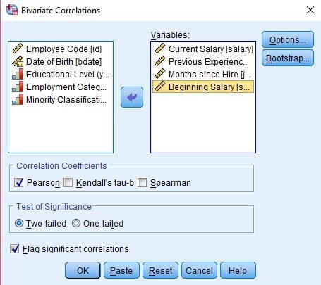 Analyze / Correlate / Bivariate r Shows direction and strength 0 I r I 0,3 weak dependence