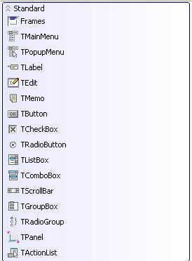 Standard komponens paletta Vezérlőgombok TButton, TRadioButton, TCheckBox Szöveg megjelenítők TLabel, TEdit, TMemo Listás