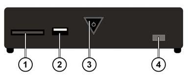 Pregled naprave Sprednja stran naprave 1. reža za pomnilniške kartice SD/SDHC/MMC/MS/MSPro, 2. USB: priključek USB 1, 3. ON/OFF: vklop/izklop naprave.
