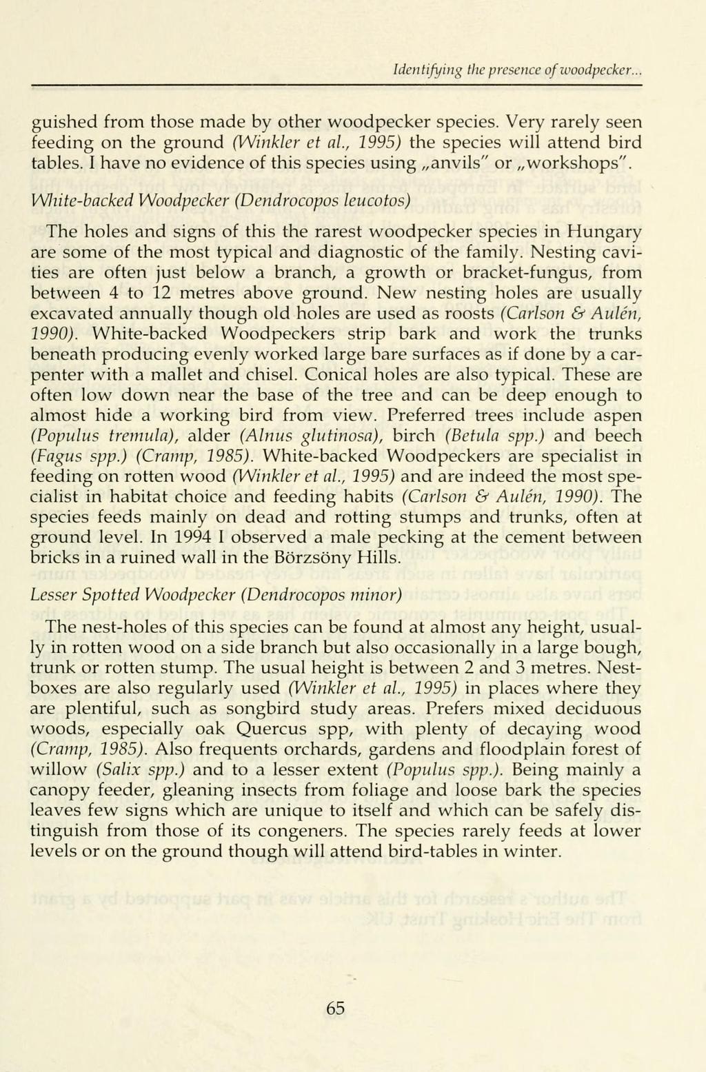 Identifying the presence of woodpecker. guished from those made by other woodpecker species. Very rarely seen feeding on the ground (Winkler et al., 1995) the species will attend bird tables.