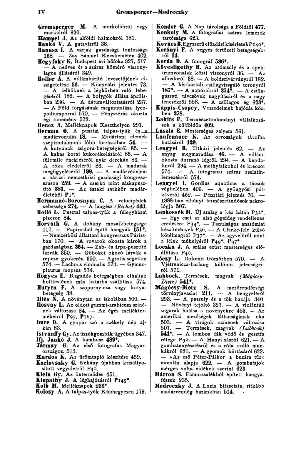 IV Gremsperger M. A morkolábról vagy markairól 620. Hampel J. Az alföldi halmokról lő l. Bankó V. A gutavízről 38. üanilsz I. A varjak gazdasági fontossága 168. Zay Sámuel Kecskeméten 402. Hegyfoky K.