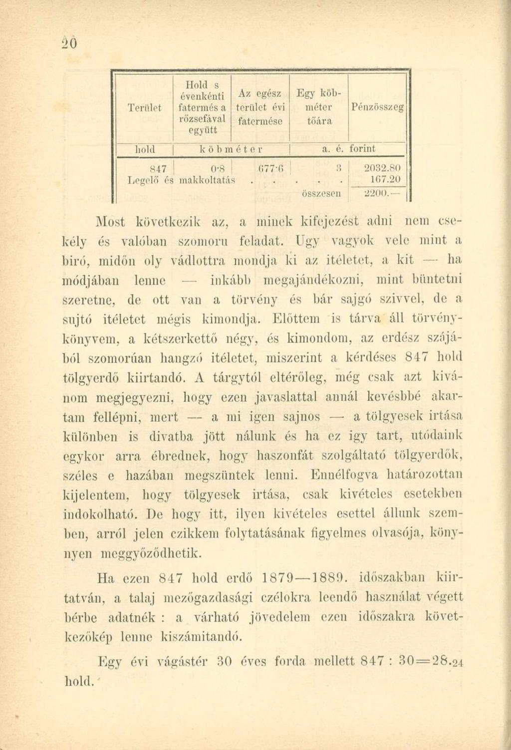 Hold s évenkénti Az egész Egy köb Terület fatermés a terület évi méter Pénzösszeg rőzsefával fatermése tőára együtt hold köbméter a. é. forint 847 0-8 677-6 a 2032.80 Legelő és makkoltatás 167.