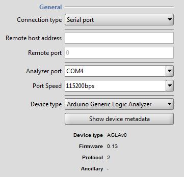 A Capture/Begin capture menüben állítsuk be: Kapcsolat típusa: Serial port Eszköz: az Arduino soros