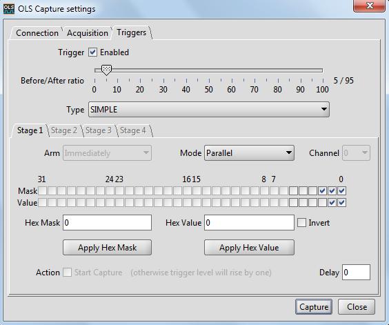 Triggerelési beállítások 5. Kattintsunk a Triggers fülre és állítsuk ba a triggerelés feltételeit! Trigger Enabled: engedélyezés. Enélkül a Capture gombra kattintva a mintavételezés azonnal indul.