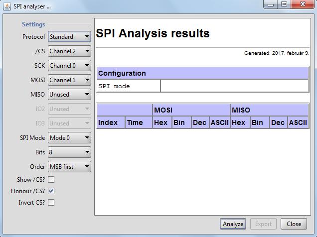 SPI protokoll értelmezése 1. A jelek rögzítése után válasszuk ki a Tools menüből az SPI analyzer menüpontot! 2.