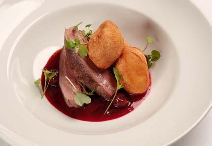 Allergénjelölés: 7 Roasted pink duck breast served with deep fried potato dumplings and sour cherry