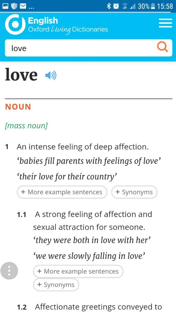 9. ábra: A love címszó (részlet) az Oxford Living Dictionaries-ból Android alkalmazáson. (Forrás: https://en.oxforddictionaries.