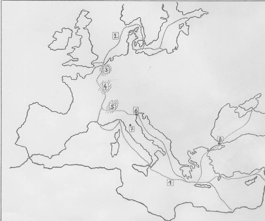2. L'exercice porte sur l'histoire économique du Moyen Age. Identifiez les lieux importants du commerce médiéval. Écrivez chaque numéro de la carte dans la case correspondante du tableau.