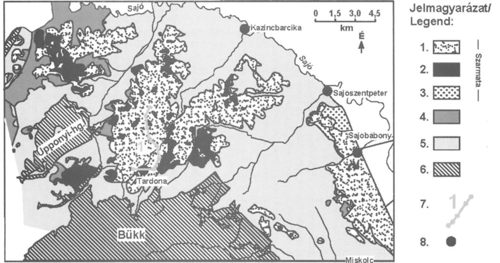 1 Distribution of Sarmatian sediments in the Tardona Hills (simplified after KOZÁK & PÜSPÖKI in BUDINSZKY et al. 1999).