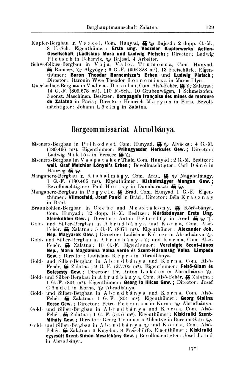 Bergbau ptmannschaft Zalatna. 129 Kupfer-Bergbau in V e c z e 1, Com. Hunyad, gg ^ Baj esd ; 2 dopp. G.-M., 8 F.-Sch. Eigenthümer: Erste ung.