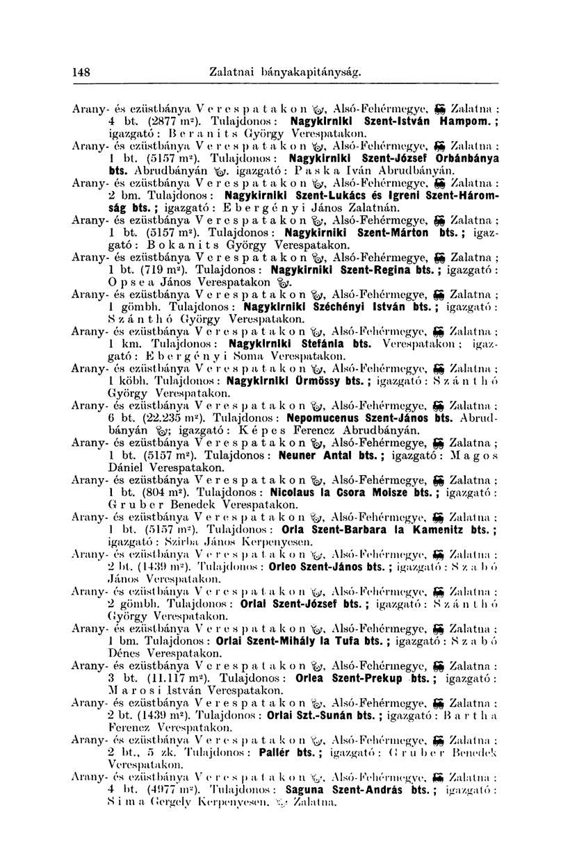 320 Zalatnai bányakapitányság. Arany- és eziistbánya V e r e s p a t a k o n fa, Alsó-Fehérmegye, gg Zalatna ; 4 bt. (2877 ni-). Tulajdonos: Nagykirniki Szent-István Hampom.