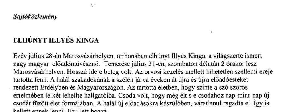 Elhúnyt Illyés Kinga -