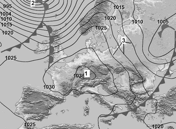 4. Betrachten Sie die Wetterkarte und lösen Sie die Aufgaben! Die Luftdruckwerte in hpa. a) Welcher Luftdruck herrscht auf dem mit 1 bezeichneten Gebiet?