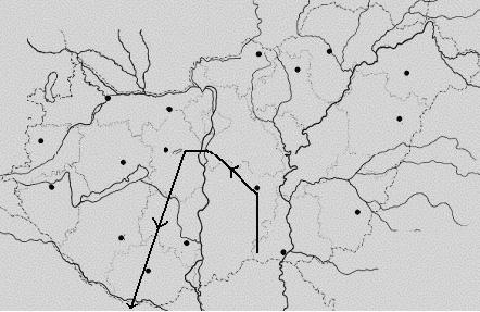 Név:... osztály:... 2. In der Nähe der Landesgrenze startet ein Helikopter, um Luftaufnahmen zu machen. Auf der Landkartenskizze haben wir seinen Weg (seine Route) eingezeichnet.