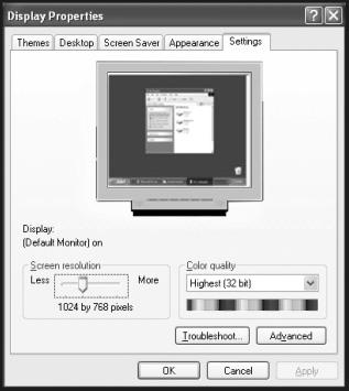 Nastavitve monitorja v sistemu Windows XP V operacijskem sistemu Windows XP nastavitve zaslona spremenite s programom Zaslon lastnosti.