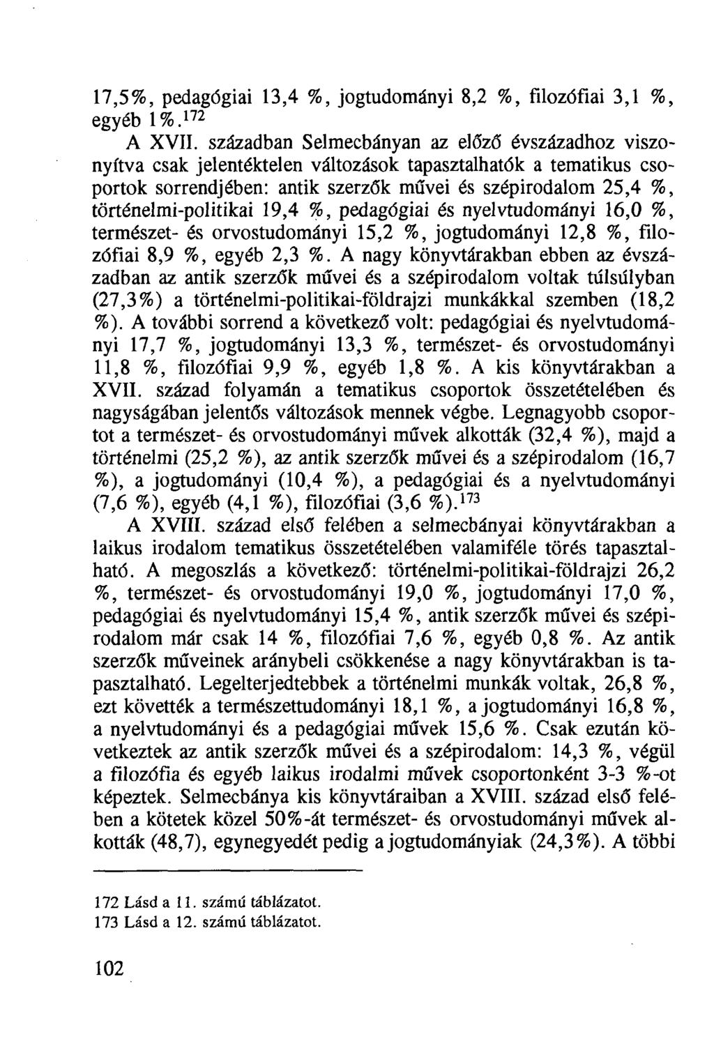 17,5%, pedagógiai 13,4 %, jogtudományi 8,2 %, filozófiai 3,1 %, egyéb 1%. 172 A XVII.