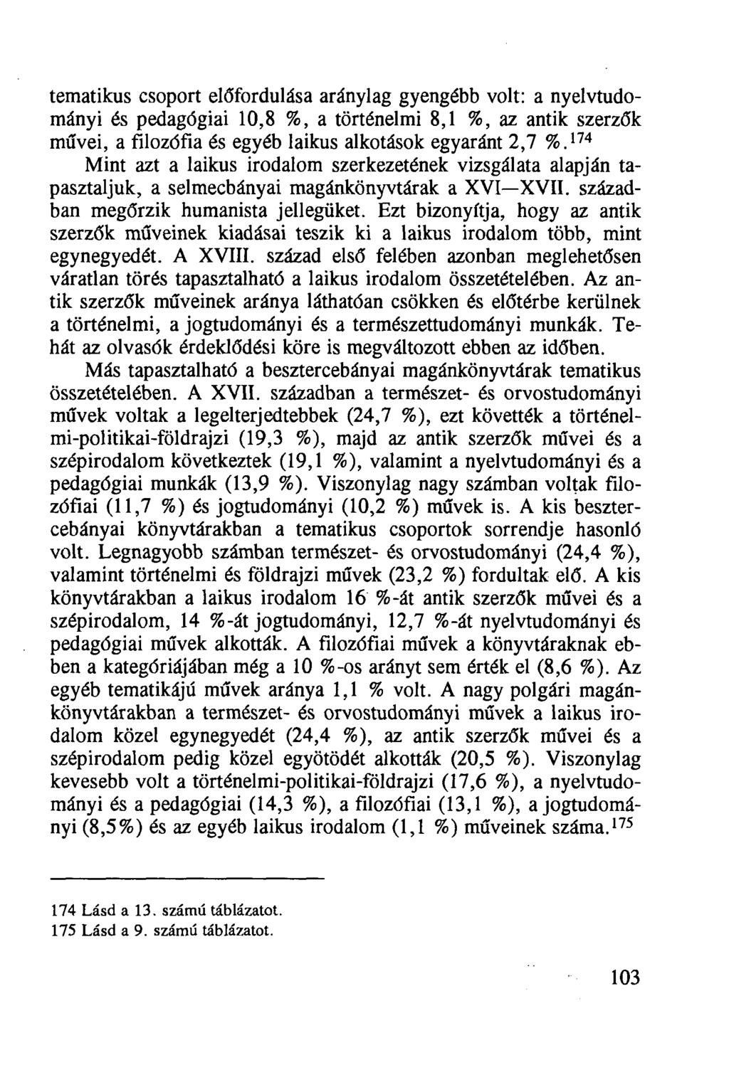 tematikus csoport előfordulása aránylag gyengébb volt: a nyelvtudományi és pedagógiai 10,8 %, a történelmi 8,1 %, az antik szerzők művei, a filozófia és egyéb laikus alkotások egyaránt 2,7 %.