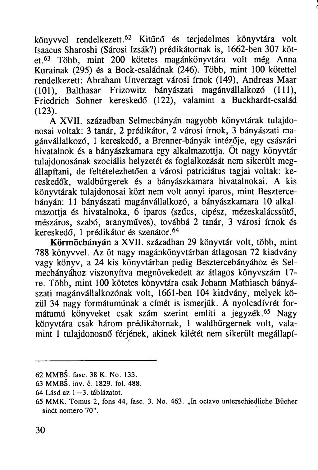 könyvvel rendelkezett. 62 Kitűnő és terjedelmes könyvtára volt Isaacus Sharoshi (Sárosi Izsák?) prédikátornak is, 1662-ben 307 kötet.