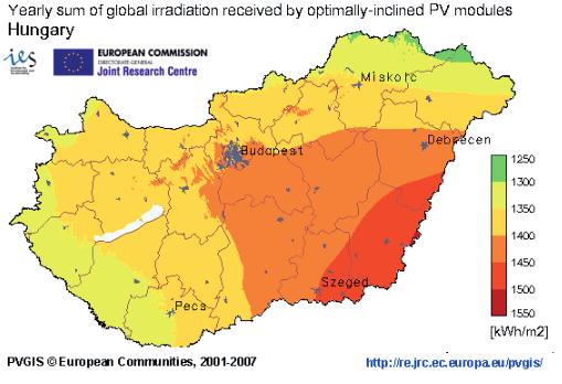 Közszolgálat és fenntarthatóság PV rendszer 19 fajlagos/mono-, vagy polikristályos bekerülési költsége: nettó 600-750 ezer Ft/kWp (csúcsteljesítménynél). 1. ábra: Az 1 négyzetméterre jutó kw napenergia Magyarországon éves átlagban Forrás: http://mta.