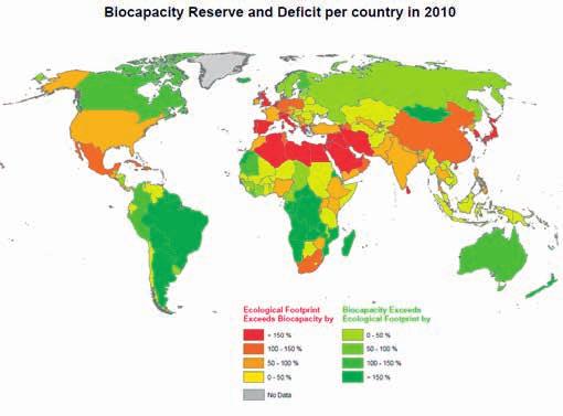 2. fejezet A fenntarthatóság mérése 2. ábra: Az egyes országok biokapacitás tartaléka vagy deficitje 2010-ben Forrás:Global Footprint Network, 2014. National Footprint Accounts, 2012 Edition.