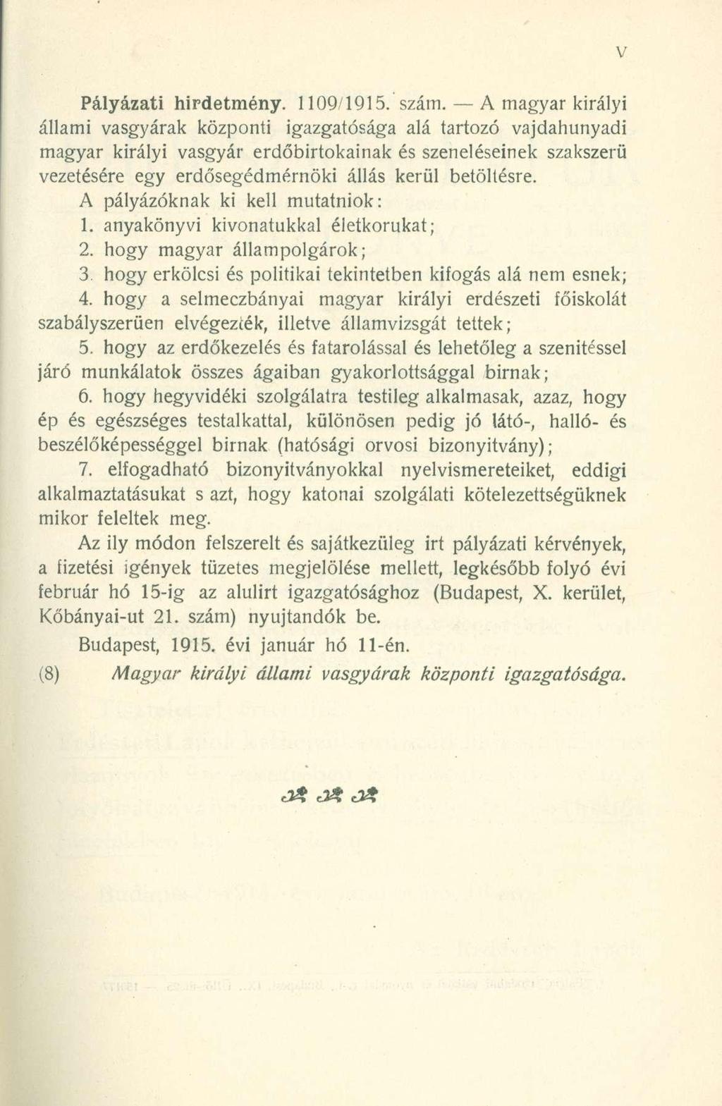 Pályázati hirdetmény. 1109/1915. szám.